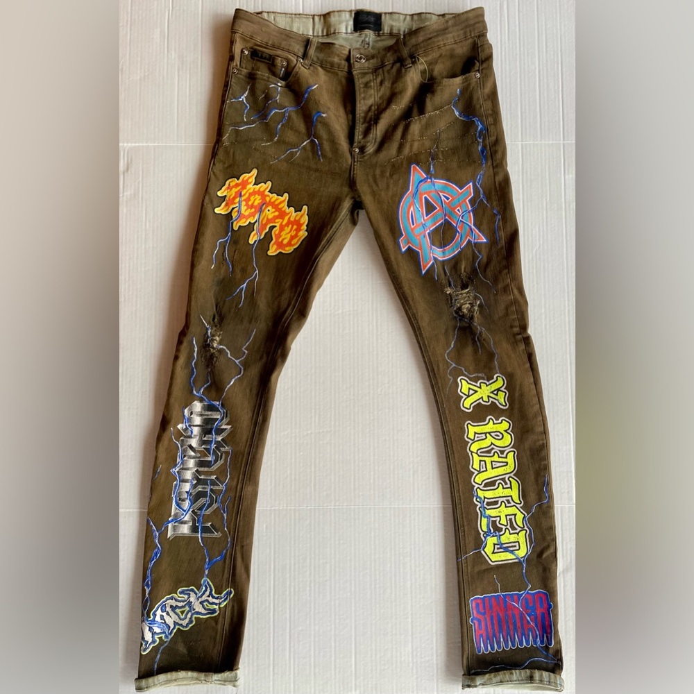 MACKEEN Men’s 36x32 Skinny Painted Distressed Jeans Grunge Festival Thrashed